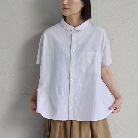 LinenYa リネンヤ　綿麻ストライプ丸襟シャツ　#ベージュ