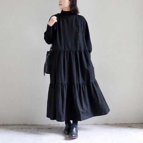 **再々入荷** Linenya リネンヤ　コットンリネンティアードワンピース（厚地）　#ブラック　【送料無料】