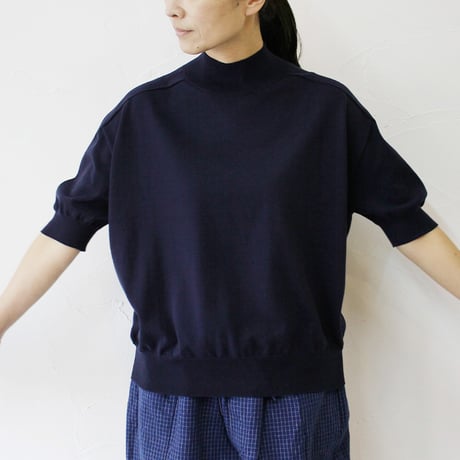 **またまたまた再入荷** LinenYa リネンヤ as it is.  コットンモックネック5分袖ニット　#ネイビー、ブラック、ホワイト