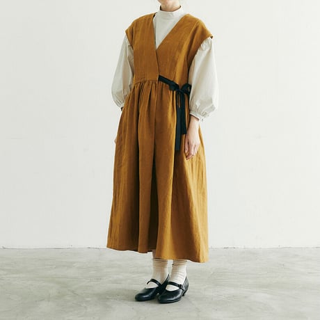 MAGALI マガリ　ブラッシュドベルギーリネンカシュクール風ワンピース　#オートミール、ブリックブラウン