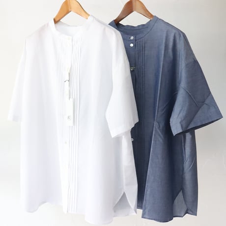 **再入荷**　Linenya リネンヤ　ピンタック半袖ブラウス　#ホワイト、ブルーシャンブレー