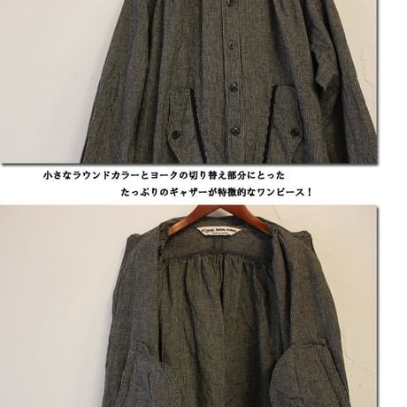 **S u K i M a -スキマ- 別製特注品** 15 jyugo ジュウゴ　綿麻起毛ストライプTABIギャザーワンピース　♯ブラック　【送料無料】