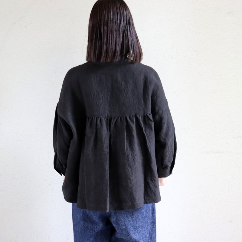 linenya リネンヤ リネン バンドカラー 長袖シャツ ブラック またまたまた再入荷** LinenYa リネンヤ リネンスタンドカラーブラウス