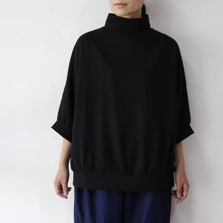 **またまた再入荷** Linenya リネンヤ　コットンシルク天竺5分袖ハイネックプルオーバー　#ブラック、ネイビー、オールドブルー、ベージュ