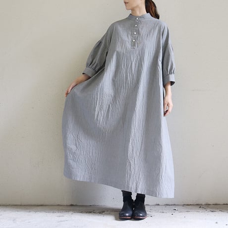 **またまたまた再生産分** LinenYa リネンヤ　コットンスタンドカラーワンピース　#ブラック、千鳥格子