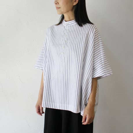 **またまたまた再入荷** LinenYa リネンヤ　コットンストライプヘンリーネックブラウス　#ネイビー、ホワイト