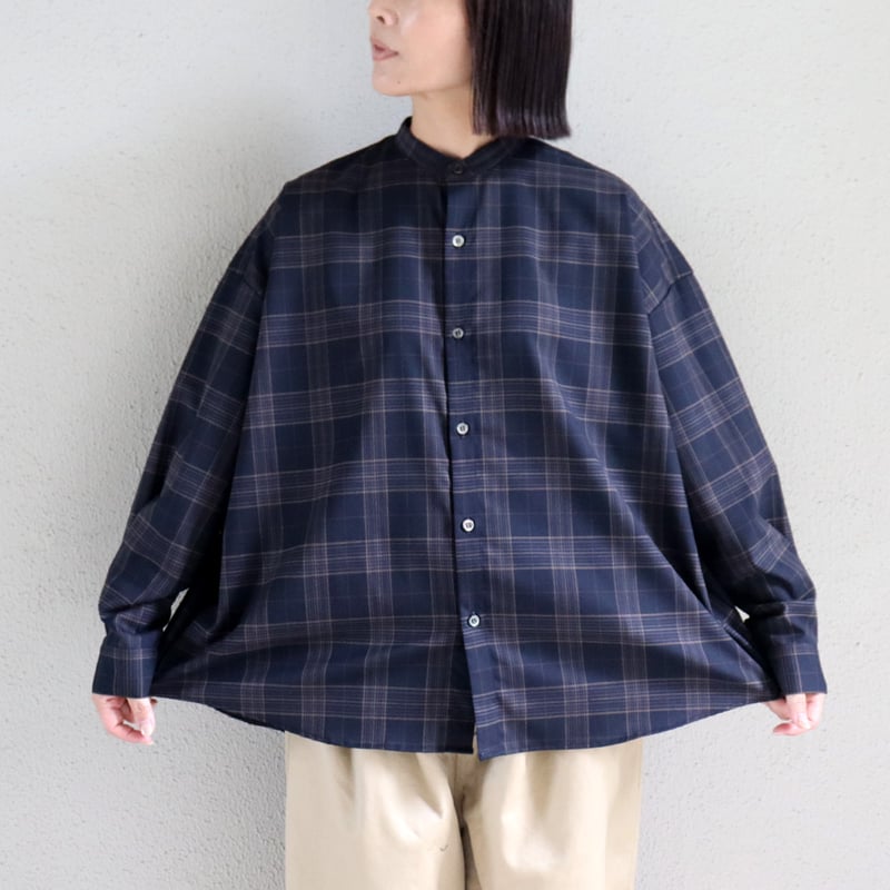 TRAVAIL MANUEL トロチェックバンドカラー長袖シャツ #ネイビー