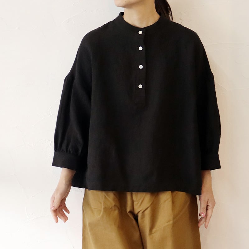 Linenya半袖スタンドカラーリネンブラウス（ブラック） 新品未使用品 またまたまた再入荷**LinenYa リネンヤ リネン半袖スタンド