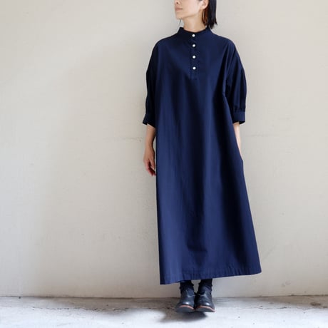 **またまた再入荷** LinenYa リネンヤ　コットンリネンラミースタンドカラーワンピース　#スミクロ、ネイビー