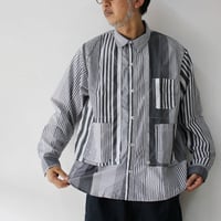 FUNSET OF ART ファンセットオブアート　ストライプパッチワークロガーシャツ  #ブルー、ブラック