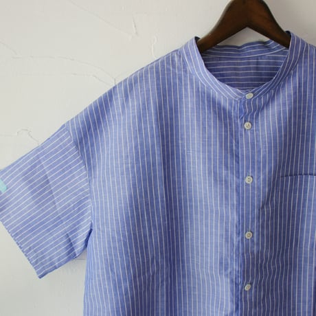 **またまた再入荷** LinenYa リネンヤ　綿麻ストライプバンドカラー半袖シャツ　#ブルー、ピンク