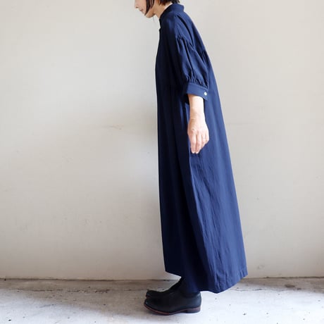 **またまた再入荷** LinenYa リネンヤ　コットンリネンラミースタンドカラーワンピース　#スミクロ、ネイビー