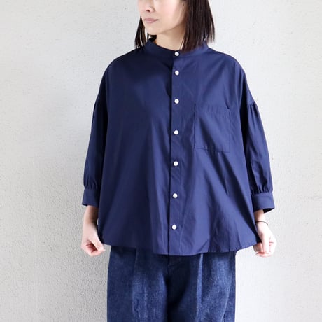 Linenya リネンヤ　ギザコットンバンドカラー7分袖ブラウス　#ネイビー、ホワイト