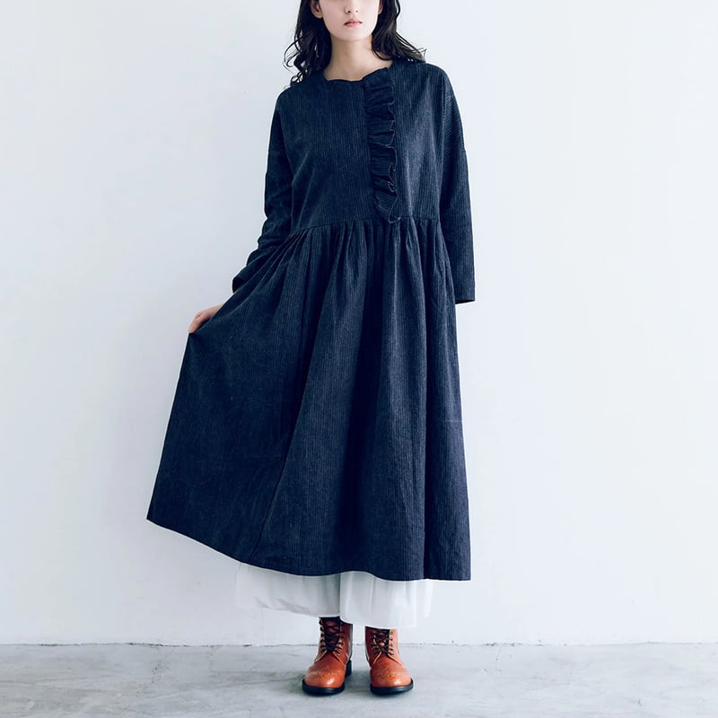 MAGALI マガリ 墨染め&インディゴコットンリネン・フリルワンピース