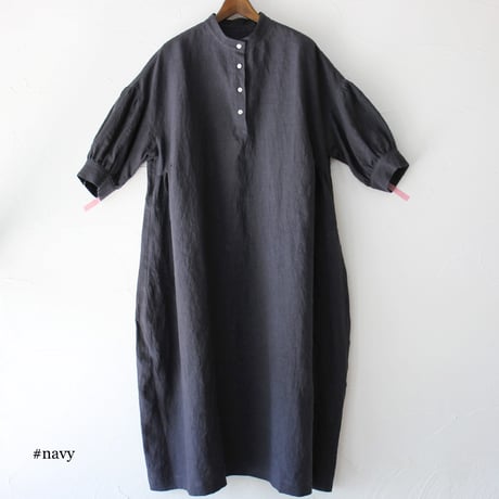 **またまたまた再入荷** LinenYa リネンヤ　リネンスタンドカラーワンピース　#ブラック、ネイビー、ベージュ、チャコール　【送料無料】