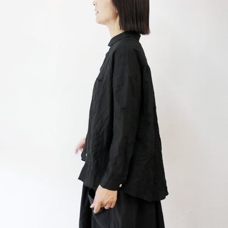 **再入荷** Linenya リネンヤ　コットンシワ加工丸襟長袖ブラウス　#カーキ、ブラック