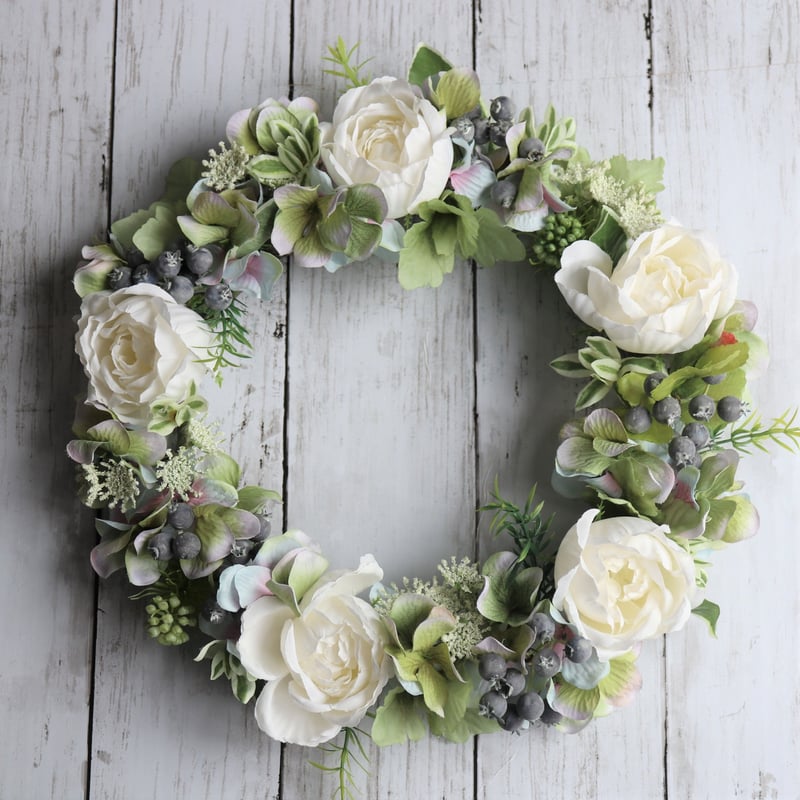 白バラと紫陽花のグリーンフラワーリース | etoile-irisee