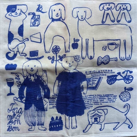 トラネコボンボン図案 蚊帳生地7枚合わせの布ふきん（cat・dog）