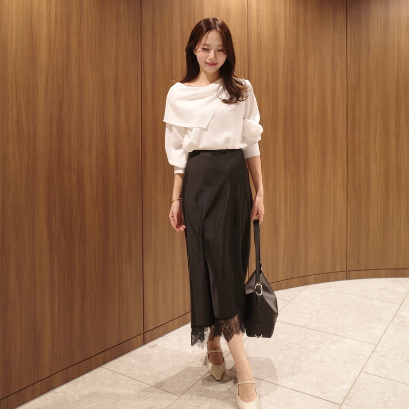 asymmetry lace satin skirt | ENEU