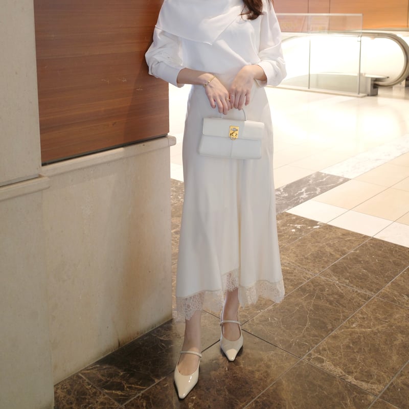 asymmetry lace satin skirt | ENEU