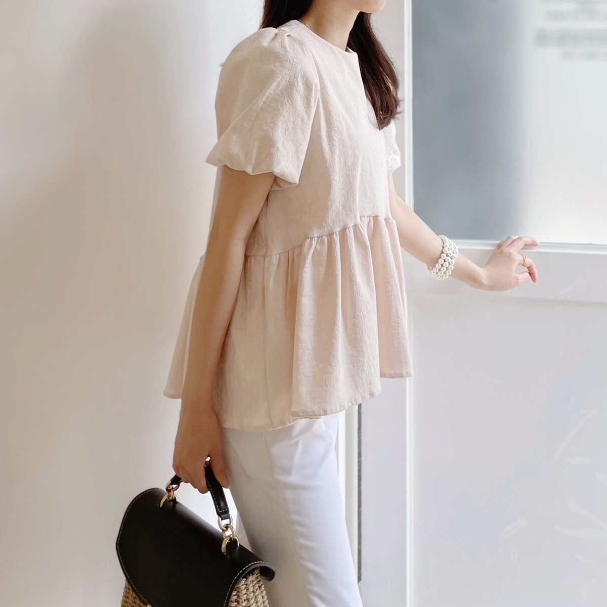 MADE' jacquard peplum blouse / pink beige | ENEU