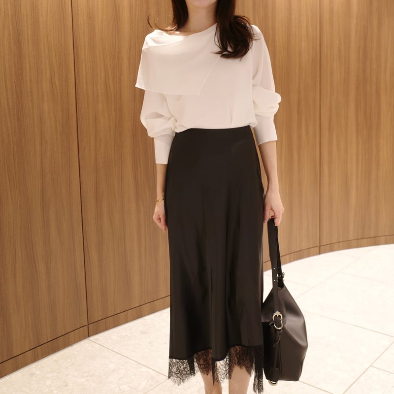 asymmetry lace satin skirt | ENEU