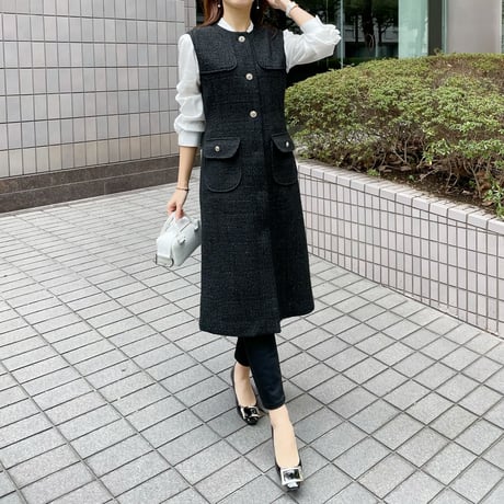 tweed long gilet