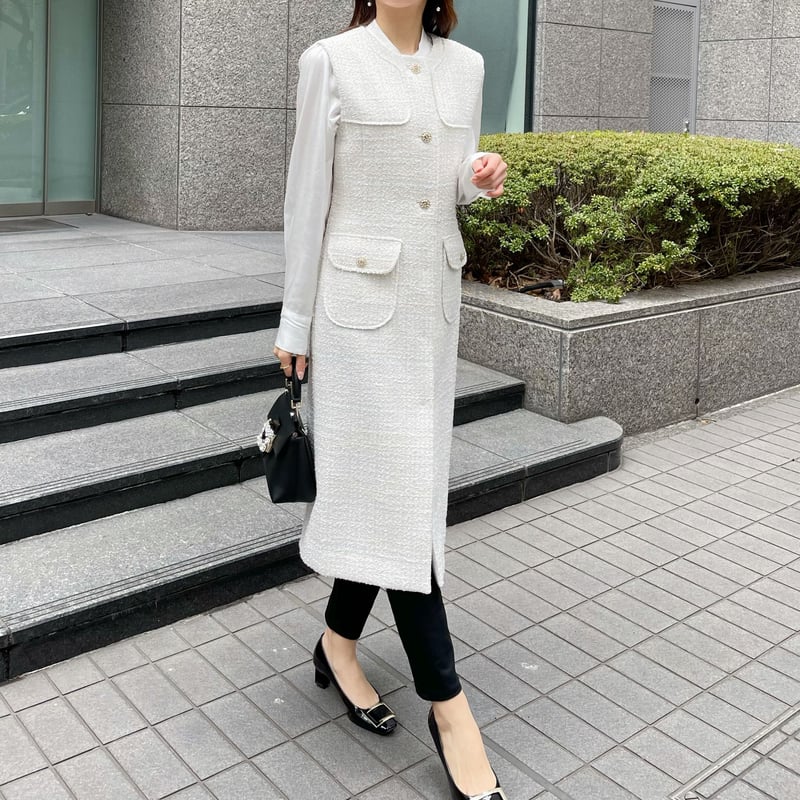 eLLa big collar tweed gilet ミックス tweed long gilet | ENEU