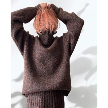 Vintage High Turtle Neck Knit Sweater and Rib Knit Skirt "2piece-sets"