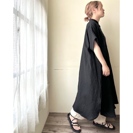 【即納品】シャツワンピース(ショートスリーブ)ブラック112丈
