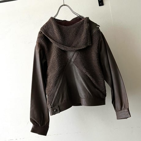 Lether & Knit Switch Pattern High Neck Design Riders JKT