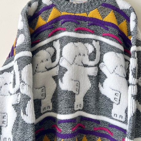 80-90's Heart & Elephant Pattern Knit Sweater (made in USA)