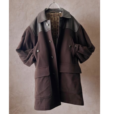 Vintage Fake Leather & Melton Wool Design Half Coat