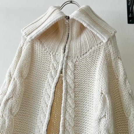 High Neck Design Aran Knit Zip-up Cardigan