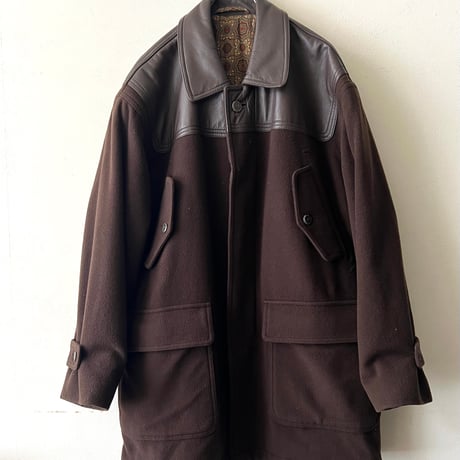 Vintage Fake Leather & Melton Wool Design Half Coat