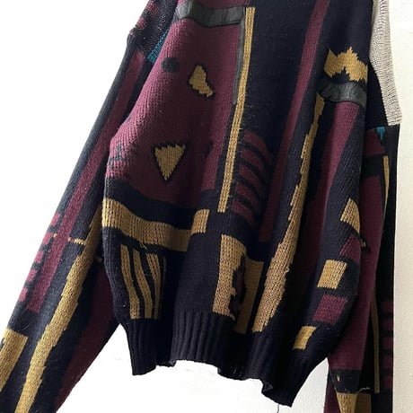 90's Leather Mix Geometric Pattern Knit Sweater