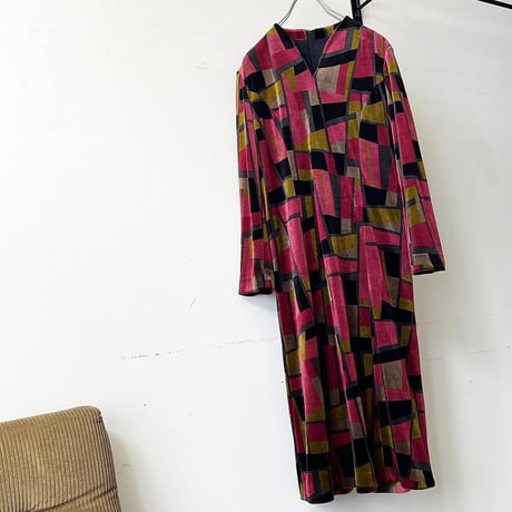 80-90's Geometric Pattern Velours Long Dress