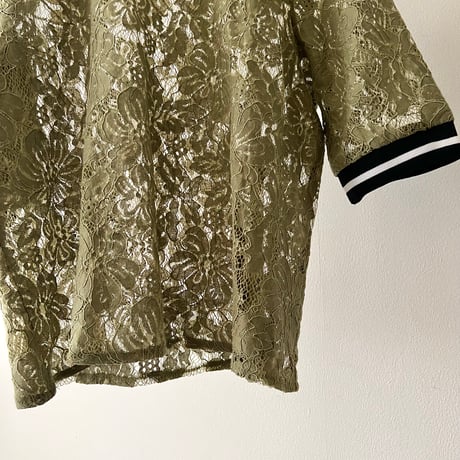 Khaki Color Flower Lace Design Short Ringer Tee