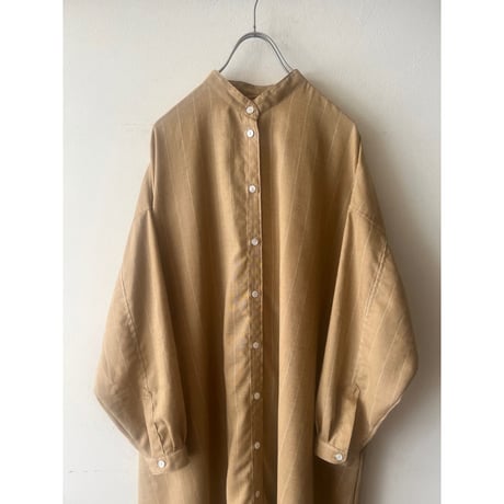 【即納品】シャツワンピース/リネン&ポリエステル/オーカーストライプ