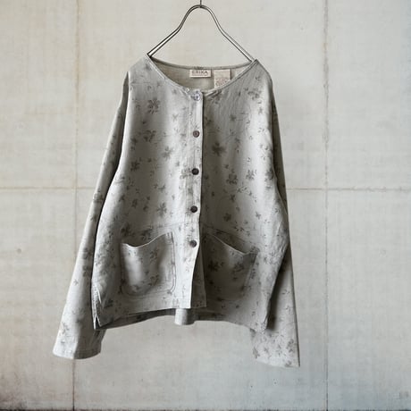 Vintage Flower Pattern Linen Cotton No Collar JKT