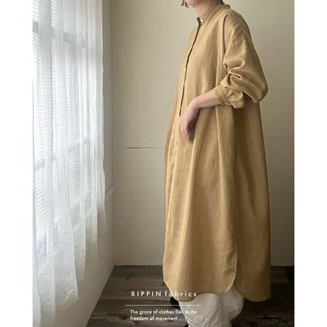 【即納品】シャツワンピース/リネン&ポリエステル/オーカーストライプ