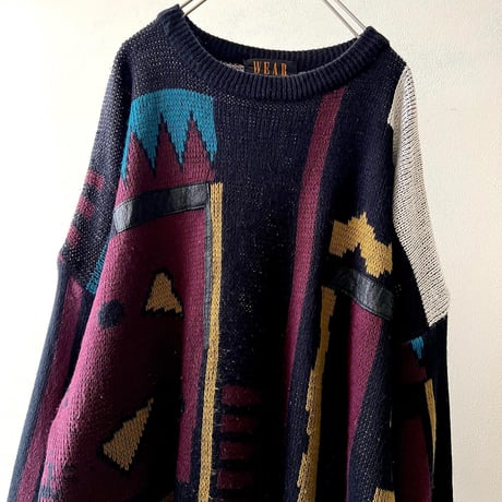 90's Leather Mix Geometric Pattern Knit Sweater