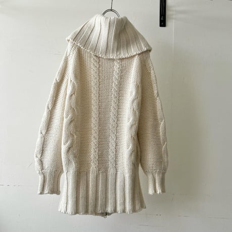 High Neck Design Aran Knit Zip-up Cardigan