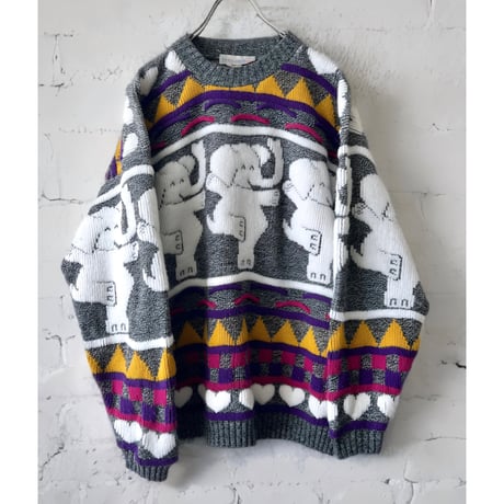 80-90's Heart & Elephant Pattern Knit Sweater (made in USA)