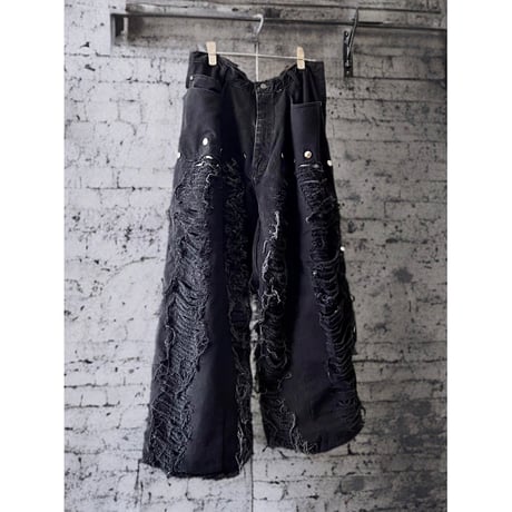 ︎ " rebuild " Black Denim Grunge Wide Flare Pants