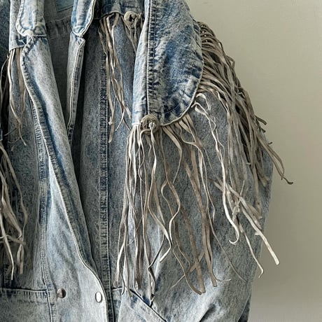 Euro Vintage Leather fringe Design Bleach Denim JKT