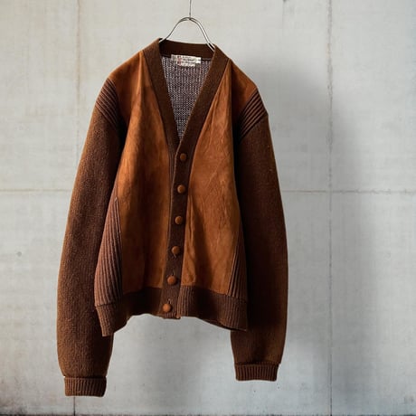 Vintage Argyle Emboss Design Leather & Knit Cardigan