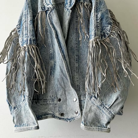 Euro Vintage Leather fringe Design Bleach Denim JKT