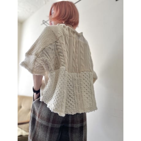 Remake "Patchwork " Half Sleeve Aran Knit Sweater