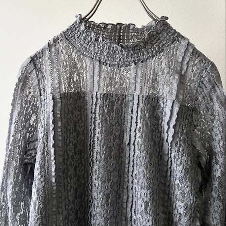 Gray Color Lace Design Mock Neck Blouse